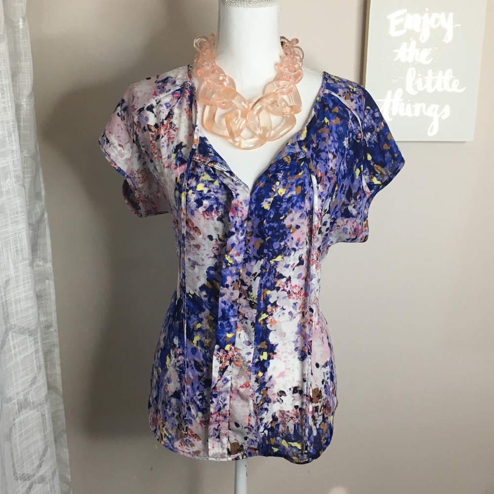 Sale Watercolor Print Split Neck Blouse